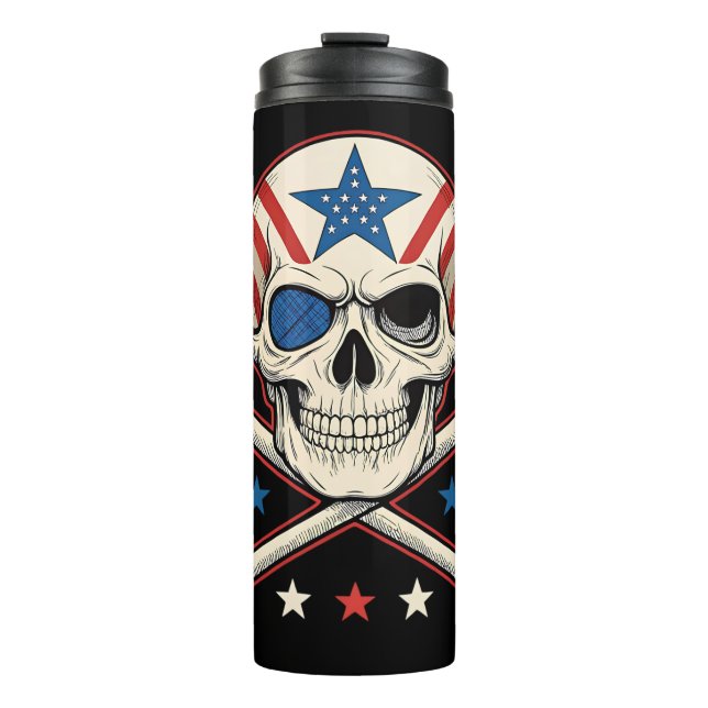 Termo Calavera patriótica y bandera de los Estados Unido (Anverso)