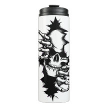 Calavera rasgando pared con manos de esqueleto