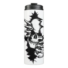 Termo Calavera rasgando pared con manos de esqueleto