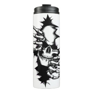 Termo Calavera rasgando pared con manos de esqueleto