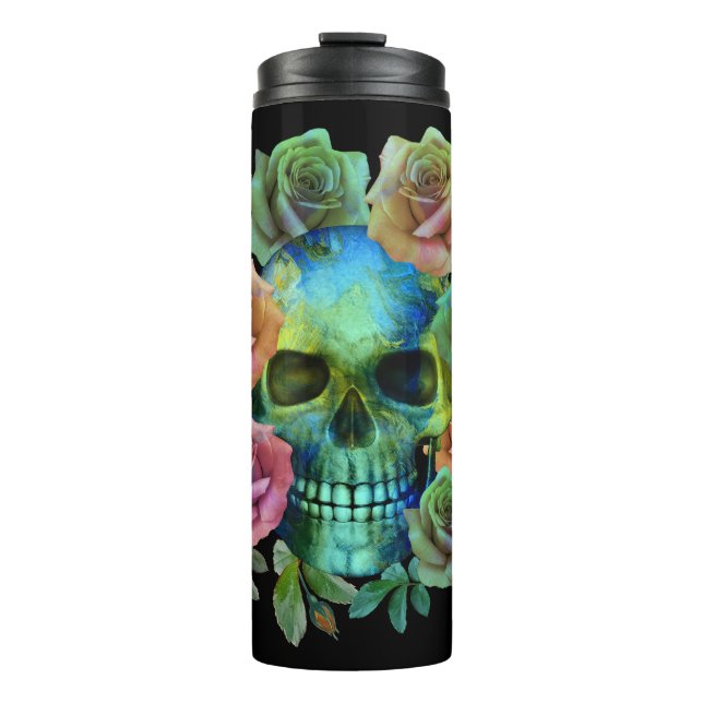 TERMO CALAVERA VERDE DE LA MUERTE CON FLORES (Anverso)