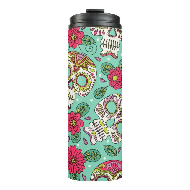 Termo Calavera y flores. Fondo Sin Maravillas. da mexica (Anverso)