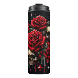 Termo Calaveras doradas y rosas rojas brillan con glamou