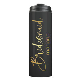 Termo caligrafía de oro de dama de honor negro personali