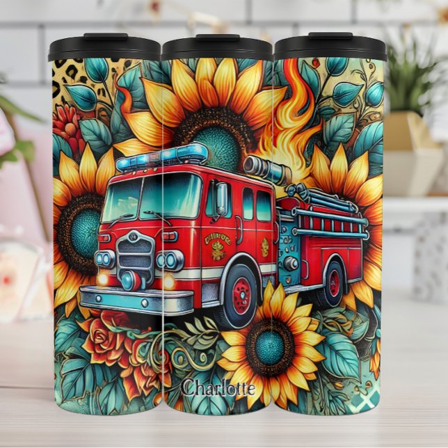 Termo Camión de bomberos entre girasoles y llamas (Subido por el creador)