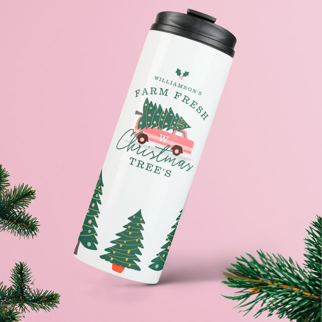 Termo Camión rosa retro de la granja de la granja navide (Festive Christmas Tree Farm Vintage Retro Pink Van Thermal Tumbler)