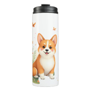 Termo Camiseta de perro Akita con flor y mariposa