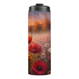 Termo Campo de amapolas al atardecer pintura impresionis
