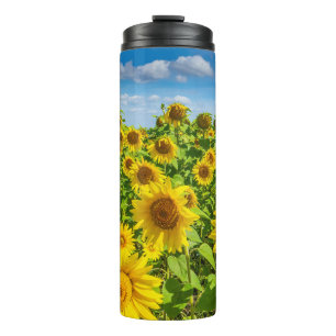 Termo Campo de girasoles, día soleado de verano.