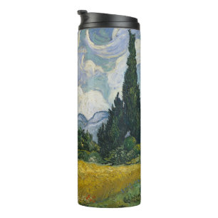Termo Campo de trigo con cipreses, pintura al óleo, Van 