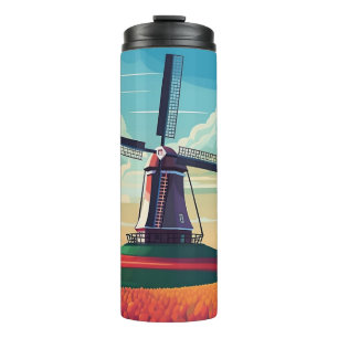 Termo Campo de Tulipanes Molino de Viento Ilustración Pa