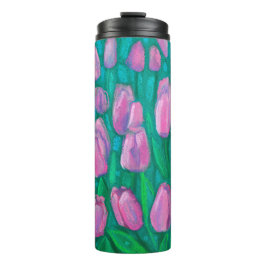 Termo Campo de tulipanes rosados, pintura con flores de 