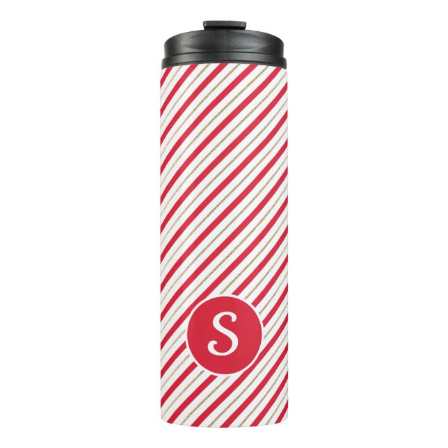 Termo Candy Cane Red Faux Gold Stripes Monograma (Anverso)