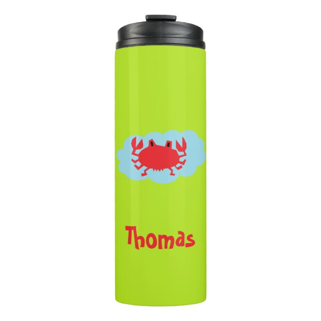 Termo Cangrejo rojo con nombre personalizado en azul y v (Anverso)