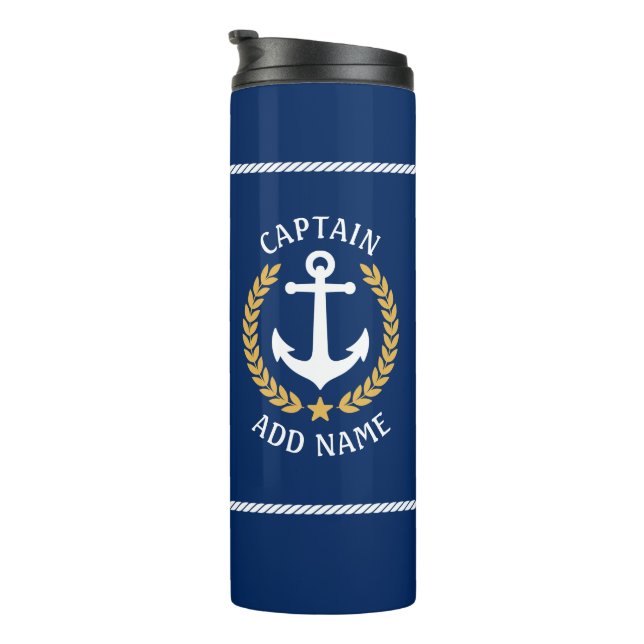Termo Capitán Nombre Barco Ancla Armada de Laurel Estilo (Rotado hacia la derecha)