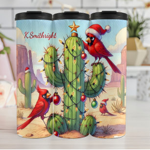 Termo Cardenales decorando un cactus