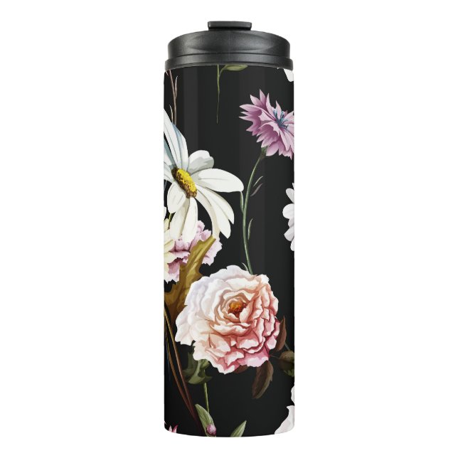 Termo Carnación, flores de camomila, patrón negro. (Anverso)