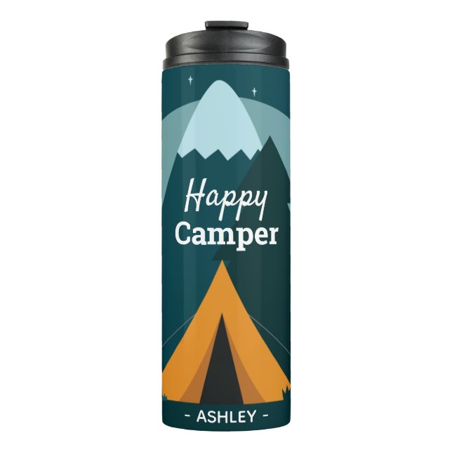 Termo Carpa Feliz Campista y Montañas (Anverso)