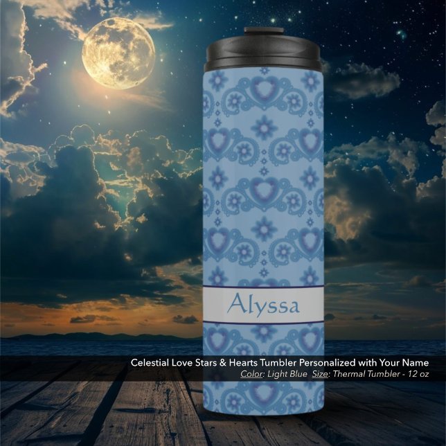 Termo Celestial Amor Estrellas Corazón Azul claro (Celestial Love Stars and Hearts Light Blue Thermal Tumbler Personalized with Your Name)