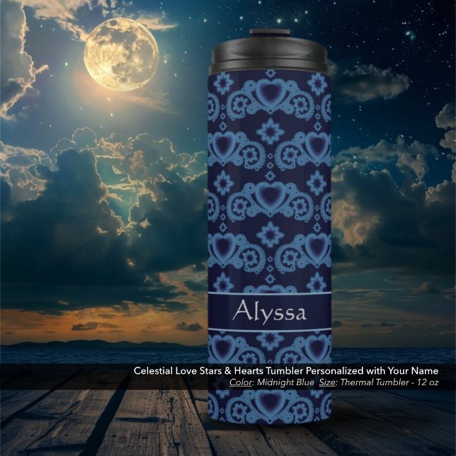 Termo Celestial Amor Estrellas Corazón Azul Oscuro (Celestial Love Stars and Hearts Midnight Blue Thermal Tumbler Personalized with Your Name)