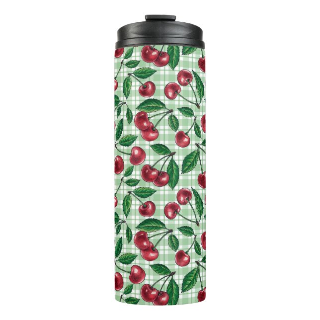 Termo Cerezas rojas en gingham verde claro (Anverso)
