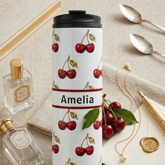 Termo Cherry & Golden Leaves Custom Name Design Gift (Subido por el creador)