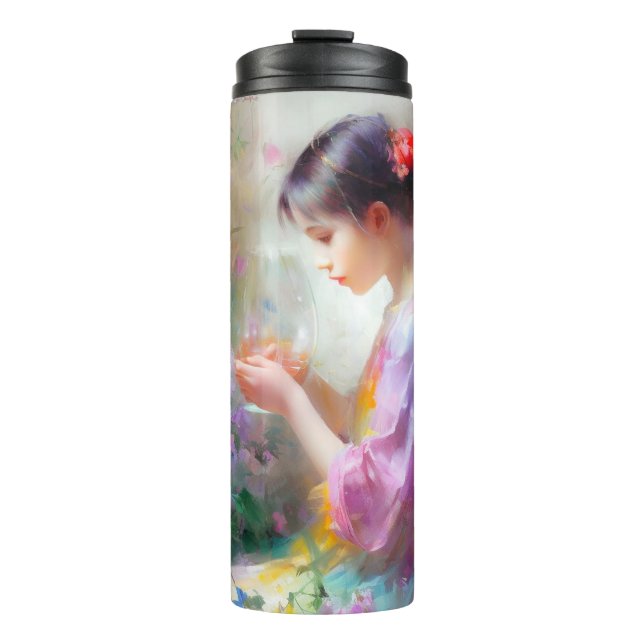 Termo Chica admirando una flor en sus manos (Anverso)