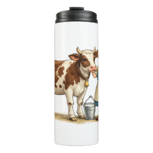 Termo Chica de granja con vaca, lindo arte de campo lech