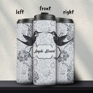Termo Chica floral Art Nouveau gris Grunge Colibrí 