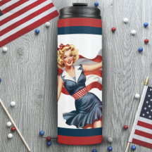 Chica patriótico retro vintage con bandera estadou