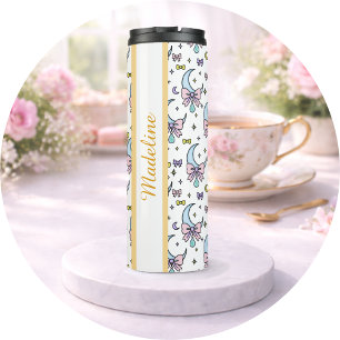 Termo Chica Personalizada Lindo Arco Nombre Lunas Blanco