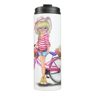 Termo Chica rubio con Tumbler Termal de Bicicleta Rosa