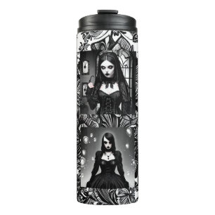 Termo Chicas góticos espeluznantes de blanco y negro