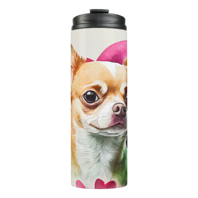 Termo Chihuahua lindo con fondo de corazón rosado (Anverso)