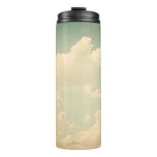 Termo Cielo azul con nubes esponjosas blancas, vintage,