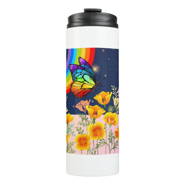 Termo Cielo nocturno, arcoiris, mariposas y flores (Anverso)