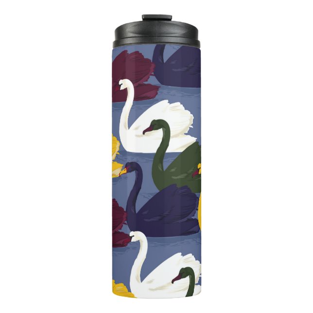 Termo cisnes dibujados a mano, patrón de lago azul. (Anverso)