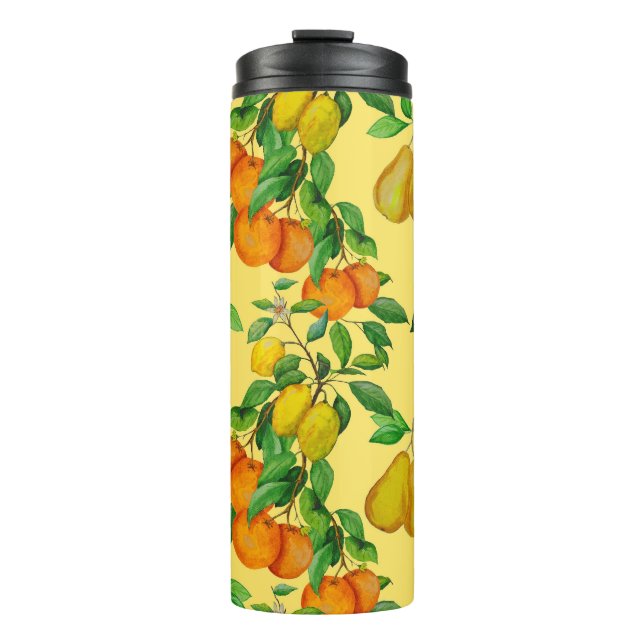 Termo Citrus, pera, cereza: acuarela impresa. (Anverso)