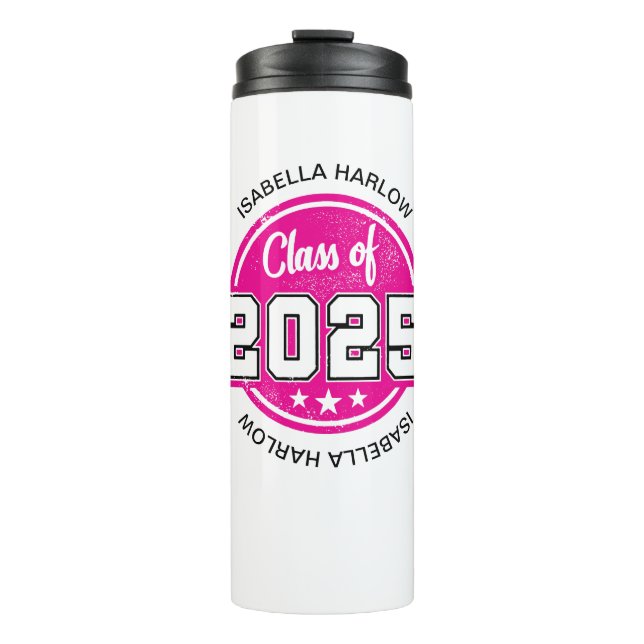 Termo Clase de nombre de graduado rosado 2025 (Anverso)