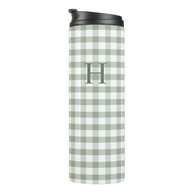 Termo Clásico Gingham Verde Monograma Moderno (Rotado hacia la derecha)