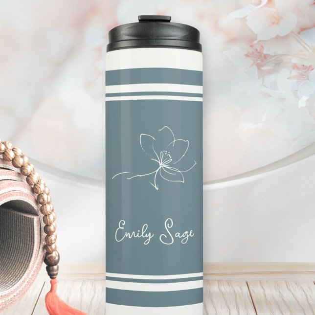 Termo Coastal Blue Ivory Floral Line Art Striped (Minimalist Floral Line Art Zen Coastal Blue Ivory Thermal Tumbler ©Sachers - Sunny Wanderlust 🌞✈️)
