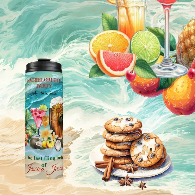 Termo Cocktails de playa Frutas tropicales Fiesta de la  (Beach Cocktails Tropical Fruits Bachelorette Party Thermal Tumbler)