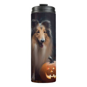 Termo Collie en masa de Halloween con calabazas aterrado