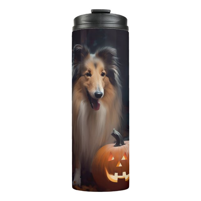 Termo Collie en masa de Halloween con calabazas aterrado (Anverso)