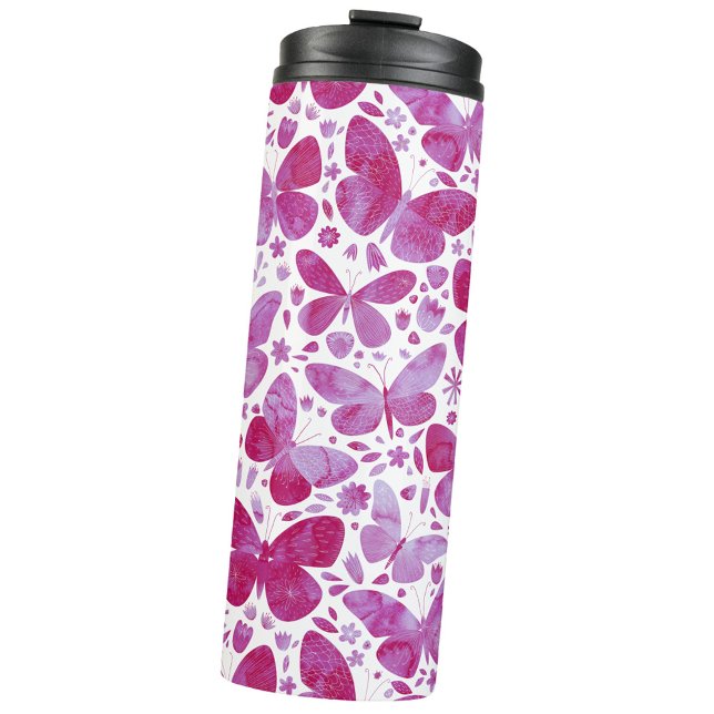Termo Color de agua de mariposa rosa (Magenta pink and white watercolor butterfly pattern thermal tumbler)