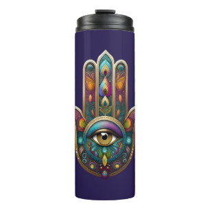 Termo Colores de Pavo Real Hamsa con Tercer Ojo Dorado