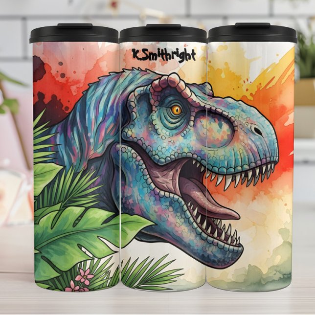 Termo Colorful Dinosaur Tropical Leaves Roaring (Subido por el creador)
