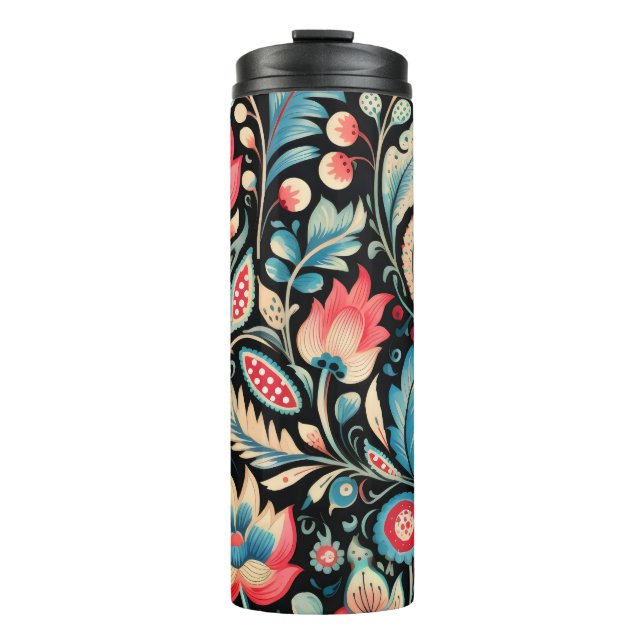 Termo Coloridas flores y patrones paisley sobre negro (Anverso)