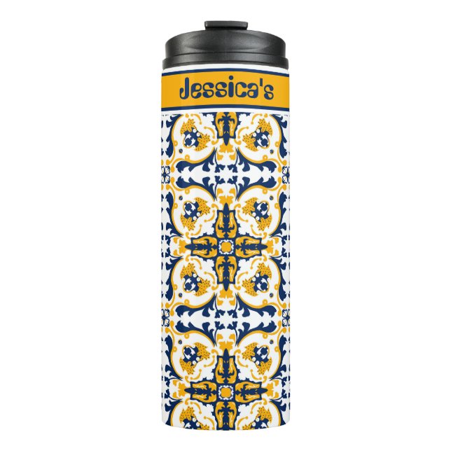 Termo Con nombre💙💛 Hermosos Azulejos azules y amarillo (Anverso)