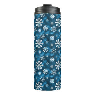 Termo Copo de nieve blancos sobre fondo azul invernal he